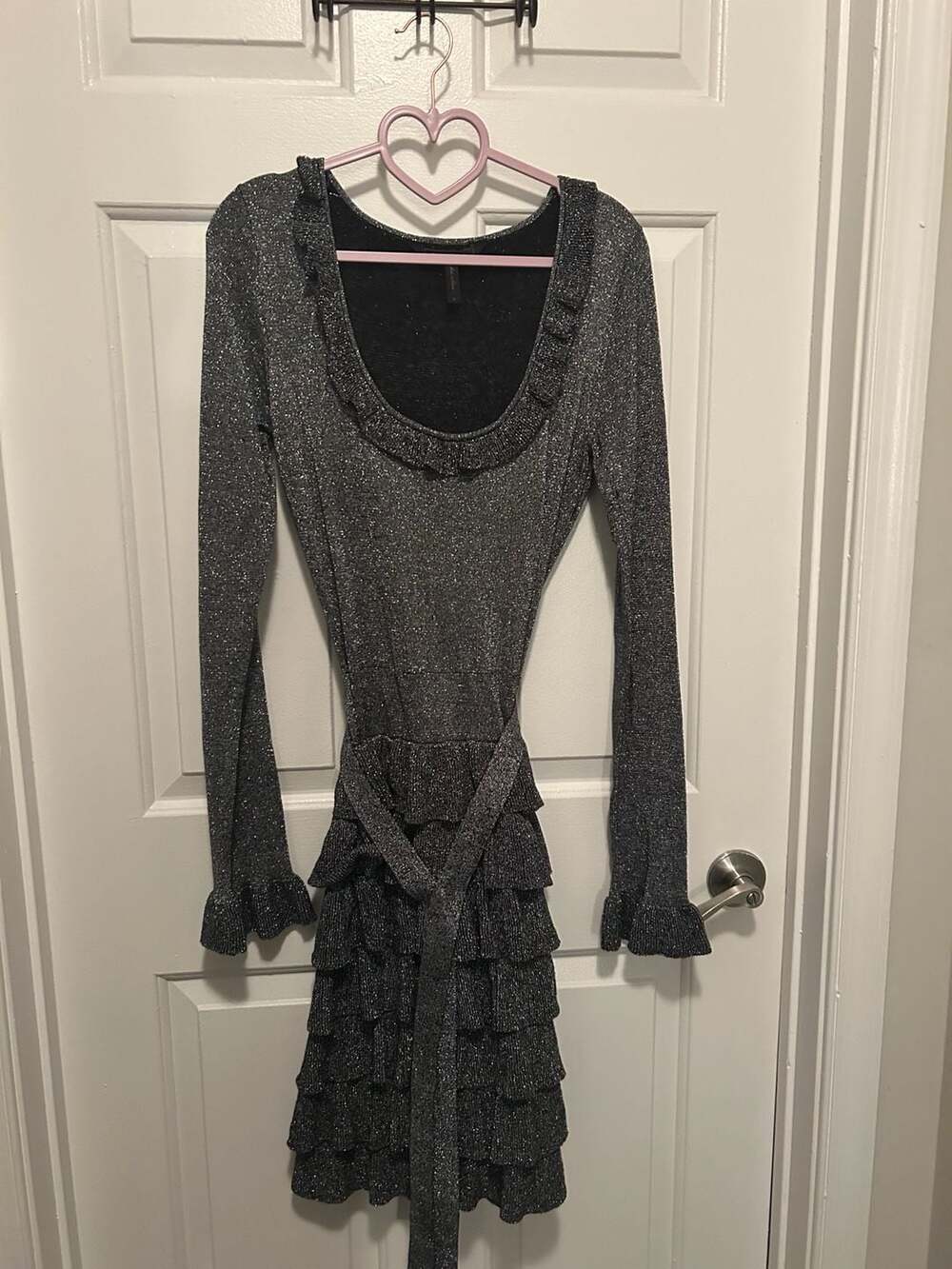BCBGMAXAZRIA Cassie Metallic Silver/Black Long Sleeve Ruffle Sweater Dress